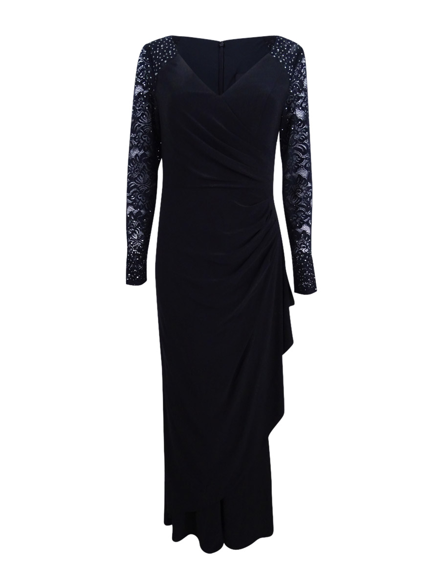 Alex Evenings Women's Embellished Lace Gathered Faux-Wrap Gown (8, Black)