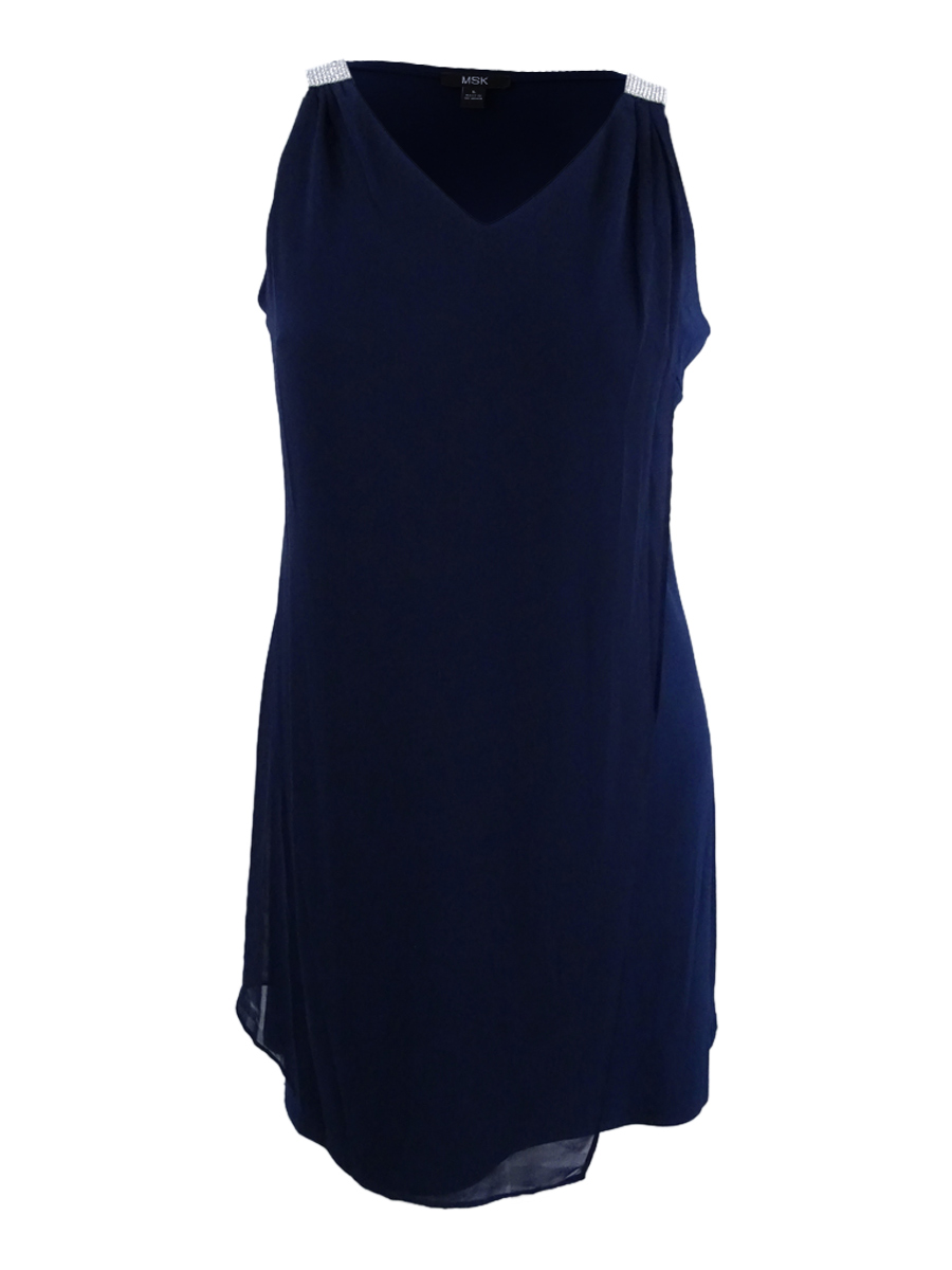 MSK Women's Sleeveless Rhinestone Chiffon Overlay Dress (M, Navy) | eBay