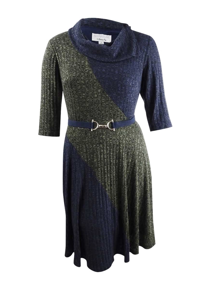 Robbie Bee Women's Plus Size Belted Colorblocked Sweater Dress (1X, Green/Navy)