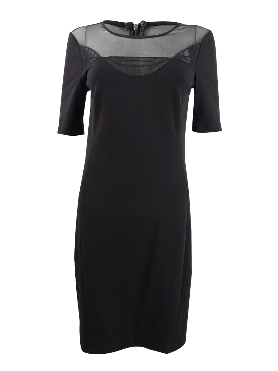 dkny mesh dress DKNY Women's Printed Side-Ruched Sheer-Sleeve Mesh Dress
