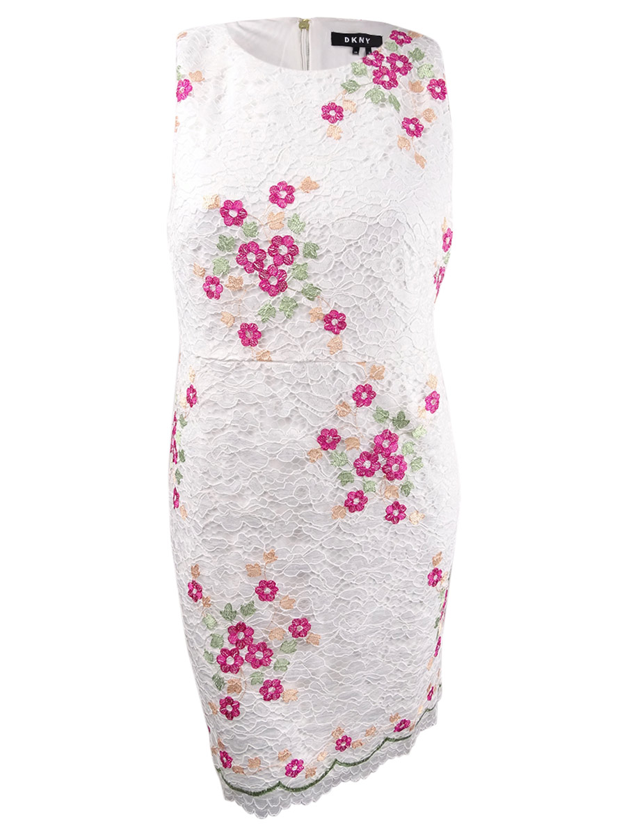 DKNY Women's Embroidered Floral Lace Sheath Dress - Ivory Multi - 14