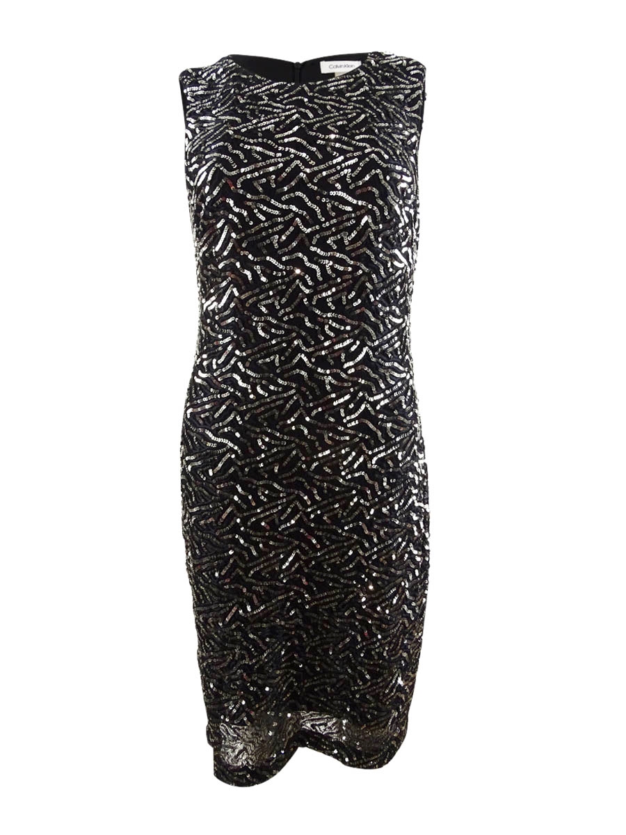 calvin klein silver sequin dress Calvin Klein Crew Neck Long Sleeve Draped