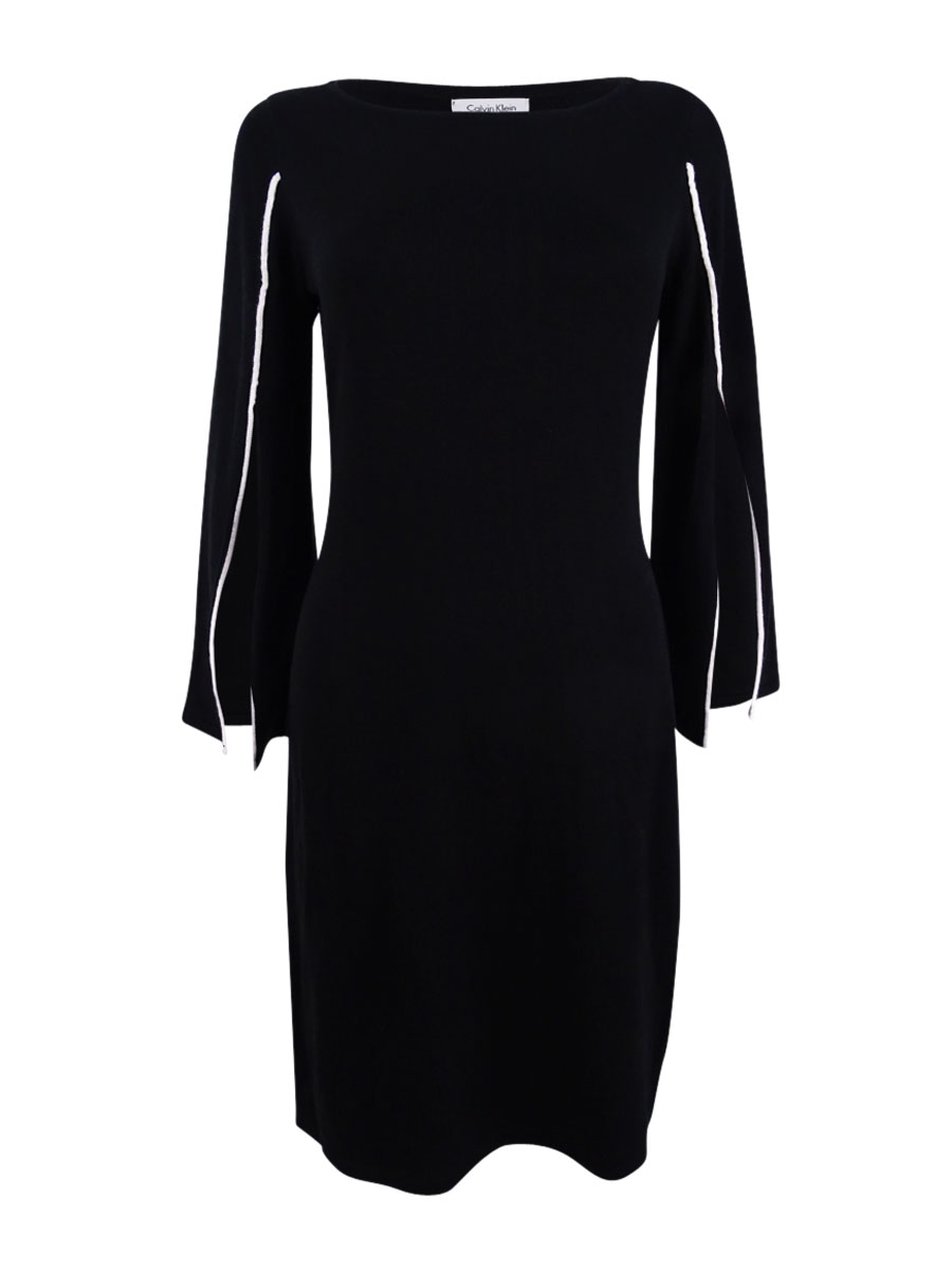 Calvin Klein Women's Piped Split-Sleeve Sweater Dress (S, Black