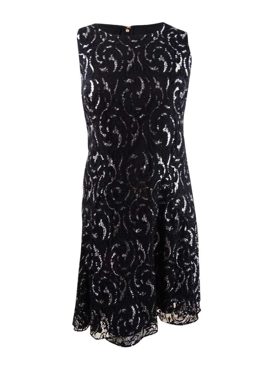 Tommy Hilfiger Women's Plus Metallic Lace Fit & Flare Dress (16W, Black/Silver)