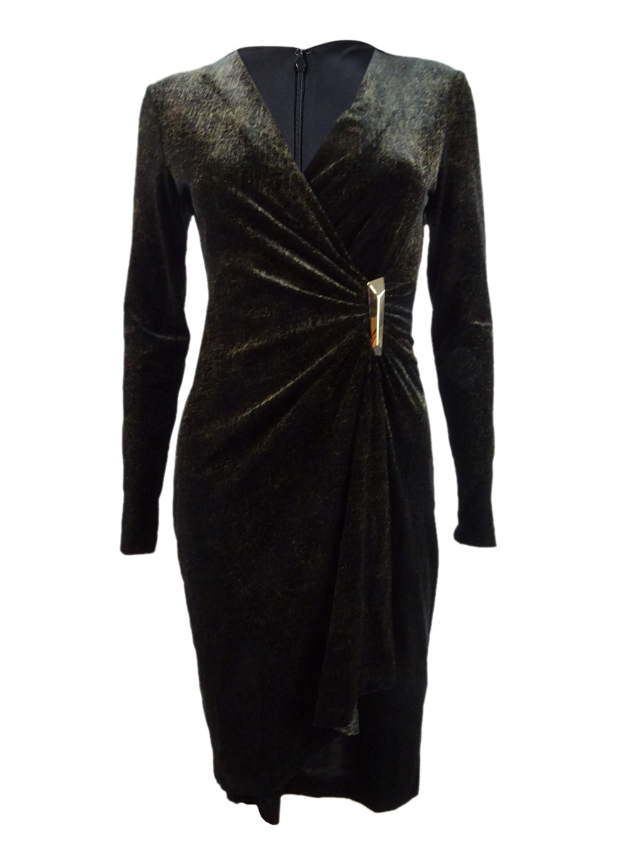 slim fit dress slacks Calvin Klein Lace-Up V-Neck Zipper Sleeve Dress Black Gold Detailing S main image 1