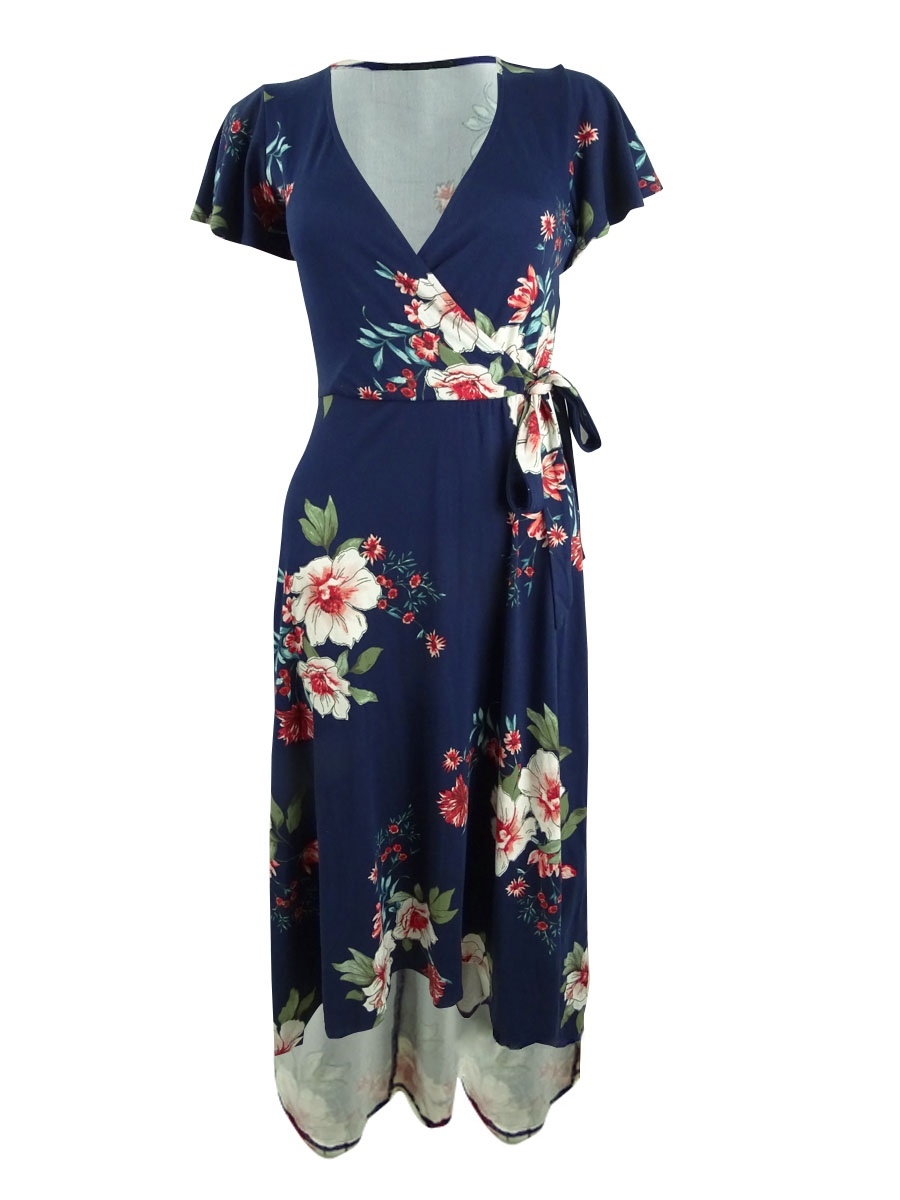 BCX Dresses Blue Size XS Junior Maxi Surplice Faux-wrap Floral Print ...