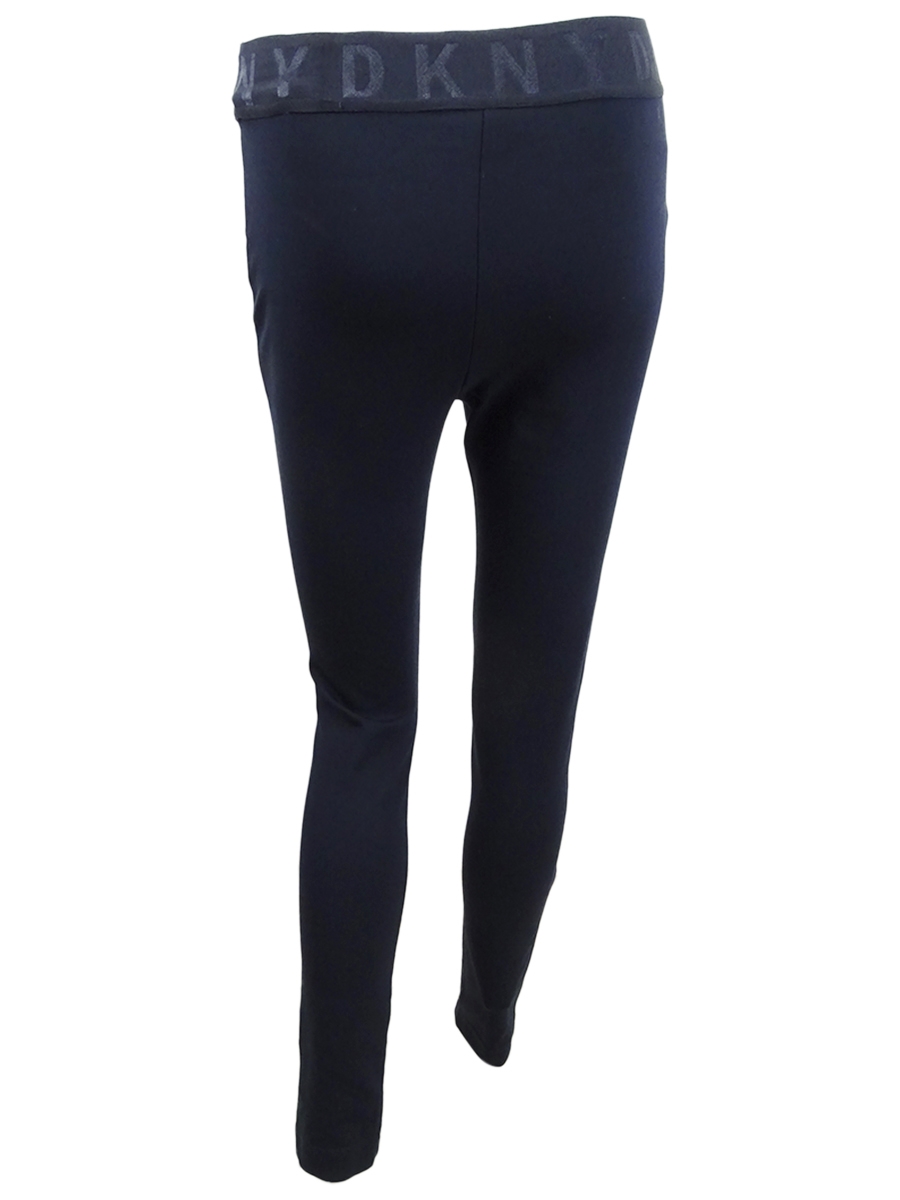 DKNY Women's Logo Waistband Compression Ponte Leggings (XS, Navy)