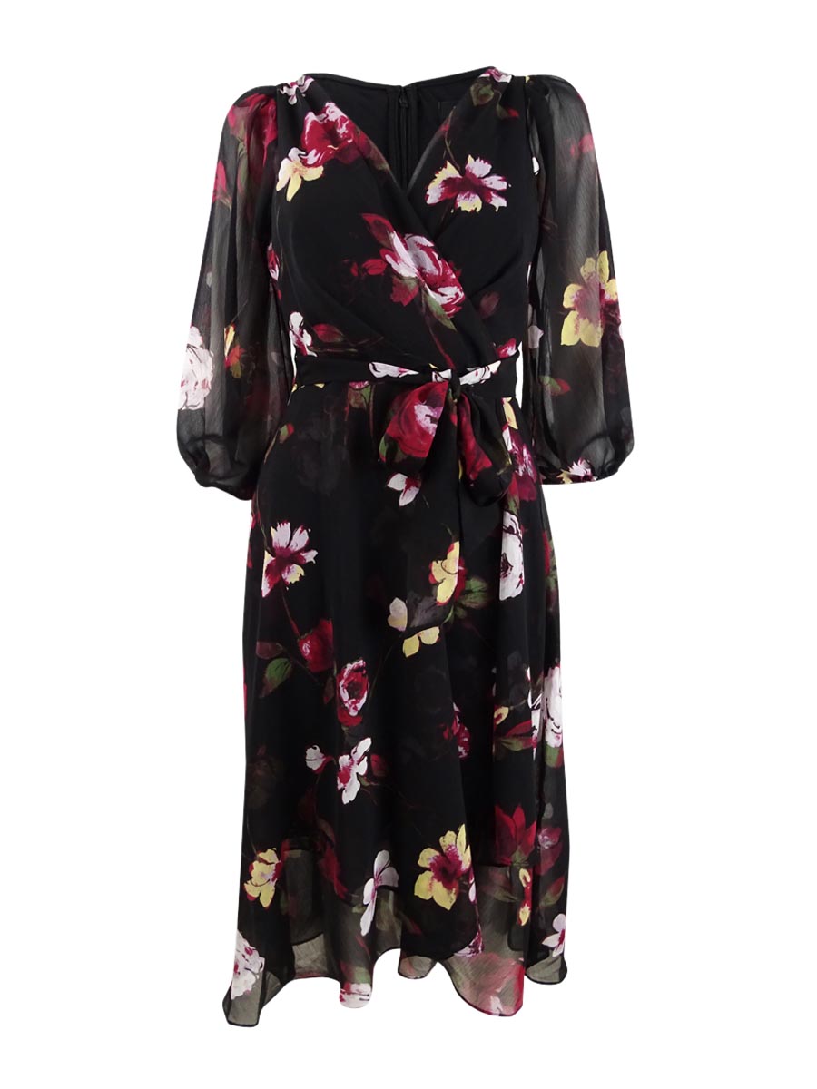 dkny balloon sleeve chiffon midi dress DKNY Women's 3/4 Sleeve Printed Chiffon A-Line Dress, 14