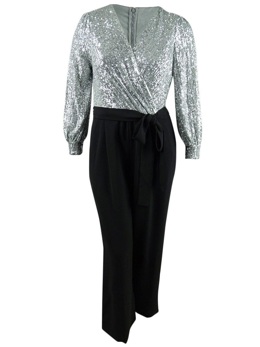 Tahari ASL Women's Sequin Crepe Jumpsuit (16, Silver)