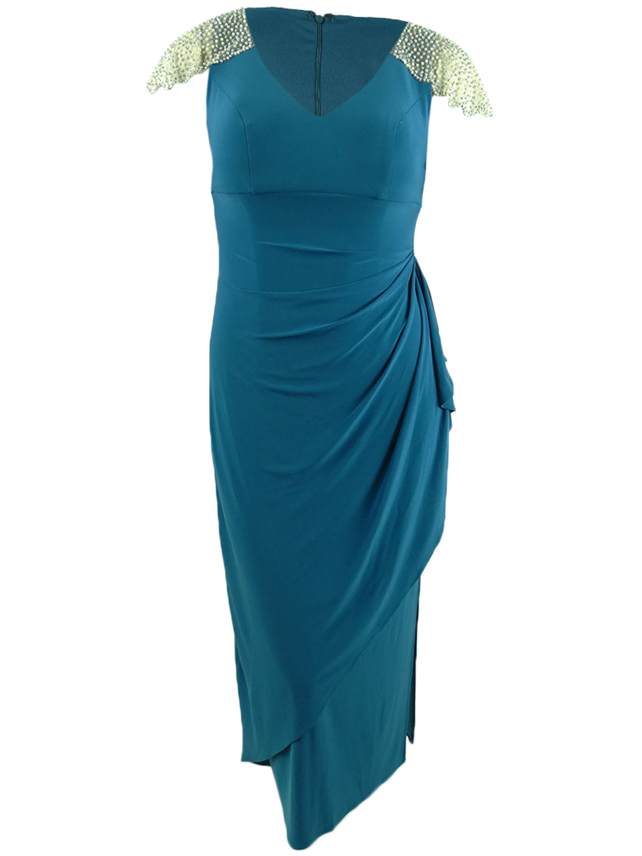 Alex Evenings Womens Teal Embellished Sleeveless V Neck Maxi Formal Sheath Dress Petites 10P