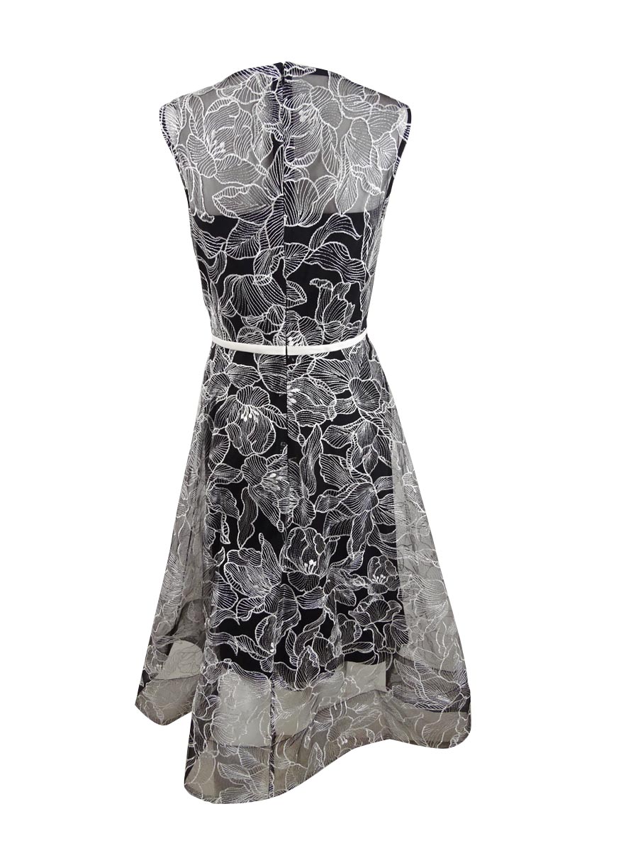 calvin klein embroidered midi dress Calvin Klein size 4 Black White Midi Dress Wrap Ruffle embroidered pockets